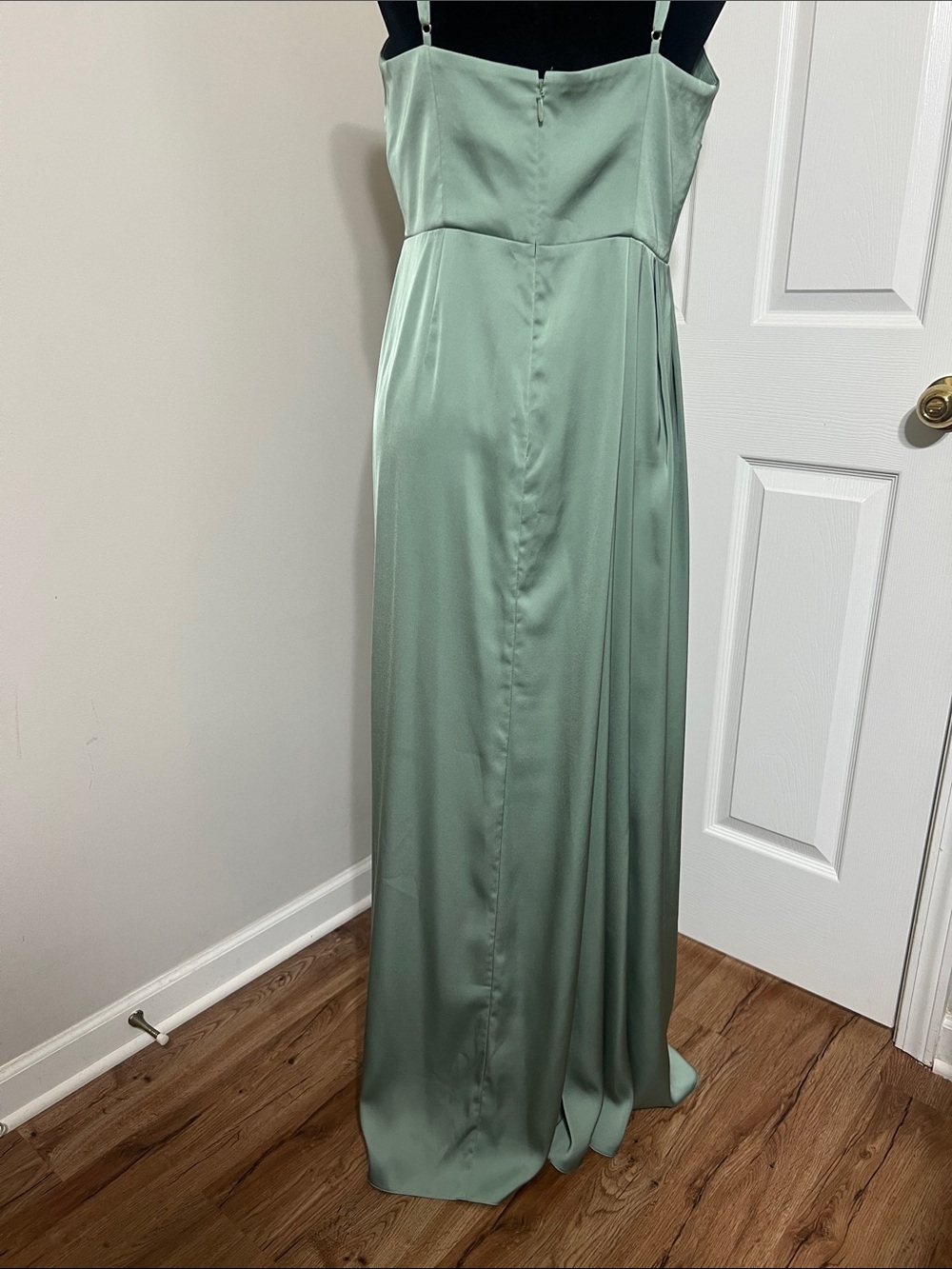 Azazie Sage Green Satin Draped Spaghetti Strap Gown - Picture 7 of 16